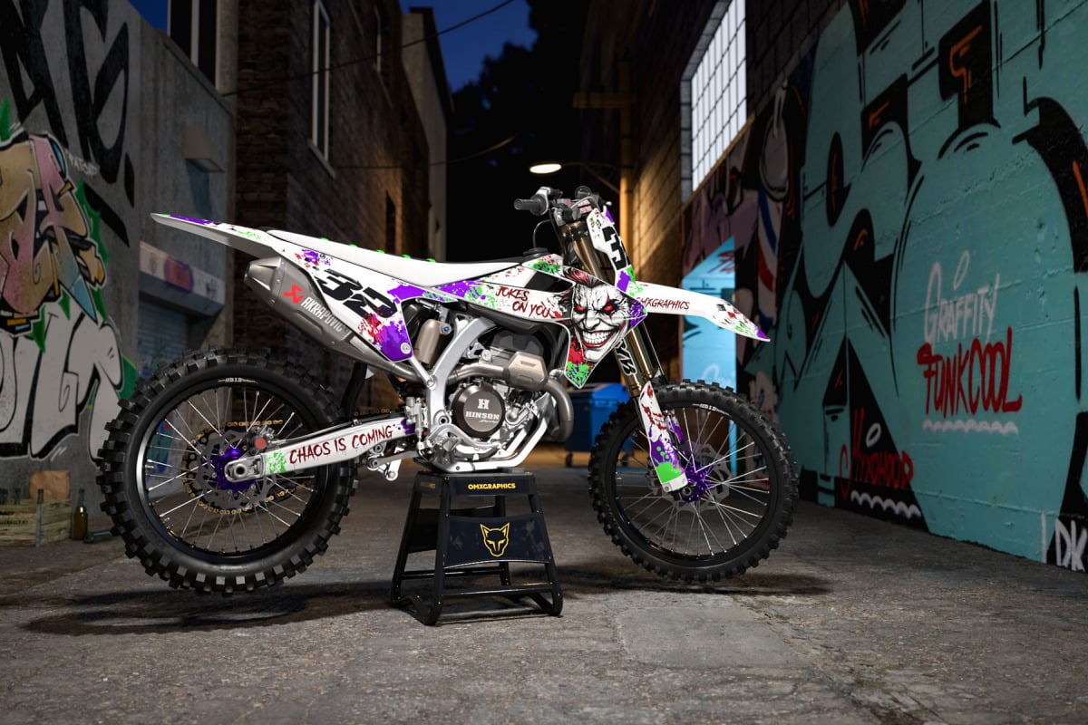 White Triumph Mx Graphics Kit Joker Installed on a Triumph Dirt Bike Promo