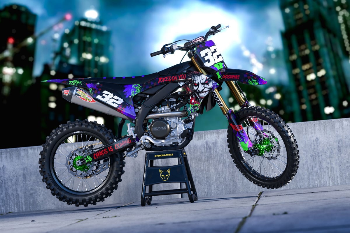 Black Yamaha Mx Graphics Kit Joker Installed on a Yamaha Dirt Bike Promo