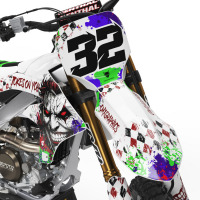 White Yamaha Mx Graphics Kit Joker Installed on a Yamaha Dirt Bike Front