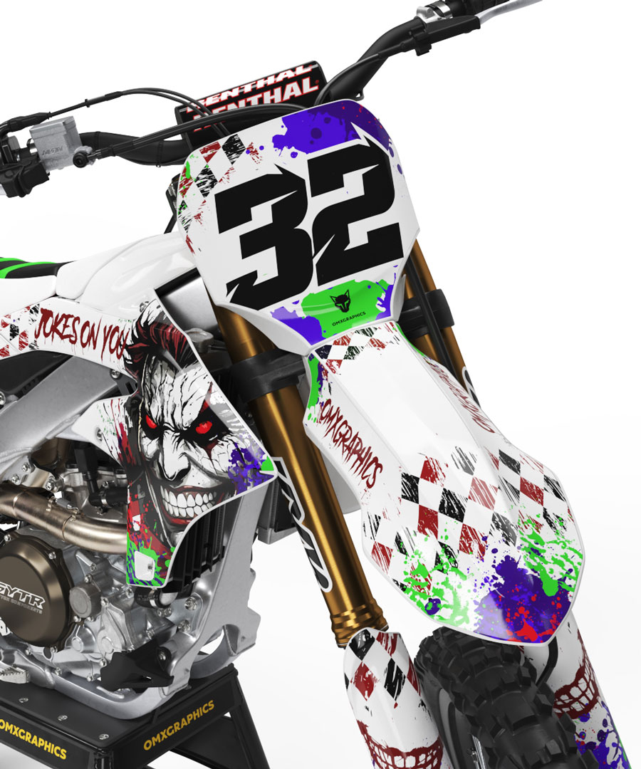 Mx Graphics for Yamaha Dirt Bike Joker White Front White Yamaha Mx Graphics Kit Joker Installed on a Yamaha Dirt Bike Front