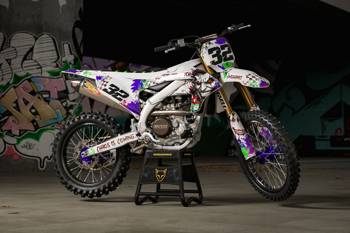 White Yamaha Mx Graphics Kit Joker Installed on a Yamaha Dirt Bike Promo