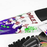 White Yamaha Mx Graphics Kit Joker Installed on a Yamaha Dirt Bike Tail