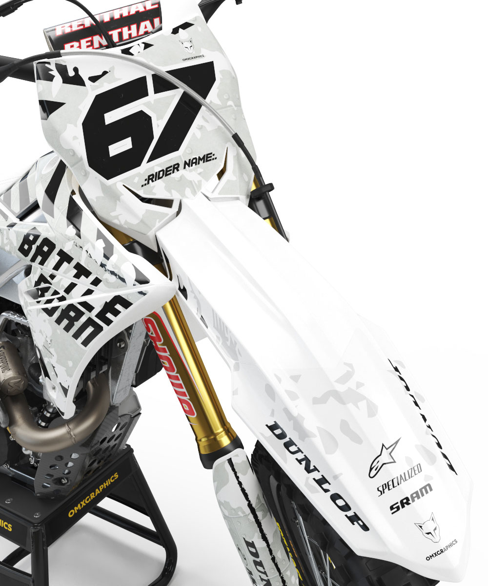 Airborne White Dirt Bike Graphics Kit for All Suzuki Bike Models Front Airborne White Dirt Bike Graphics Kit for All Suzuki Bike Models Front